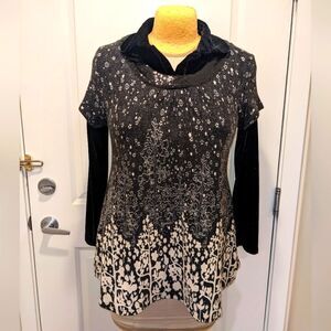 $5 Item! Women's Mixed Media Floral Knit Velvet Sleeve & Collar Sequin Sweater